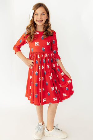 Nebraska Red Herbie Husker 3/4 Sleeve Pocket Twirl Dress-Mila & Rose ®