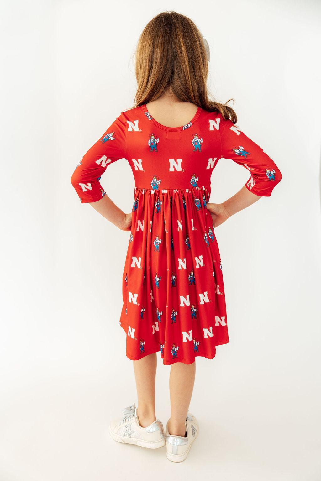 Nebraska Red Herbie Husker 3/4 Sleeve Pocket Twirl Dress-Mila & Rose ®