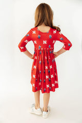 Nebraska Red Herbie Husker 3/4 Sleeve Pocket Twirl Dress-Mila & Rose ®