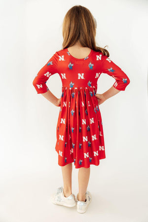 Nebraska Red Herbie Husker 3/4 Sleeve Pocket Twirl Dress-Mila & Rose ®