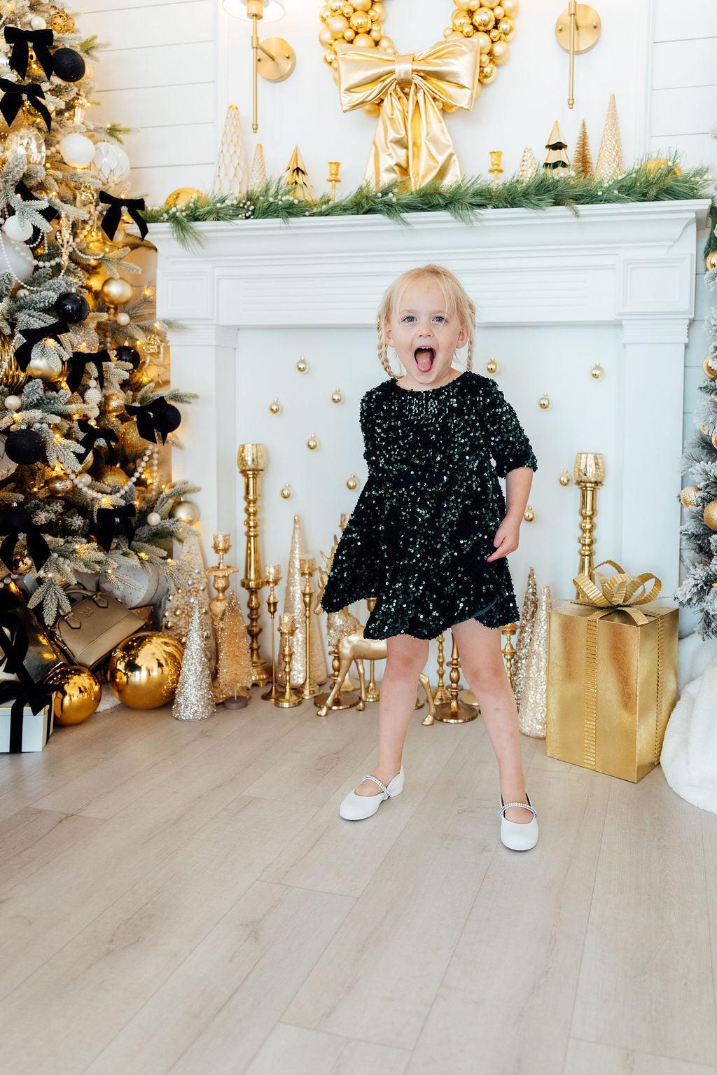 Hunter Green Velvet Sequin Dress-Mila & Rose ®