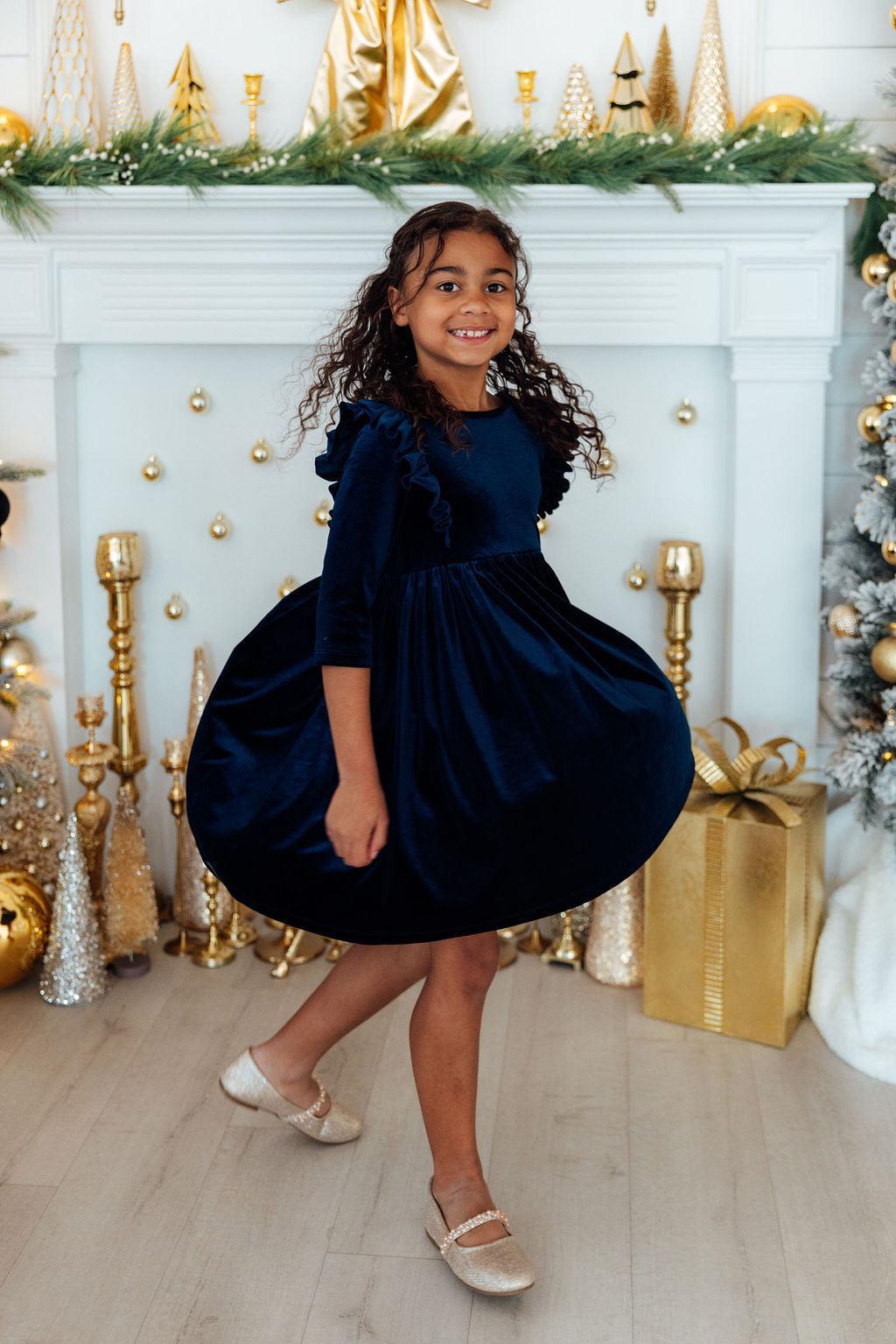 Navy Velvet Ruffle Twirl Dress-Mila & Rose ®