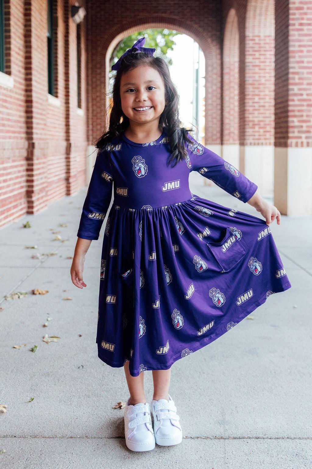 JMU Purple Duke Dog 3/4 Sleeve Pocket Twirl Dress-Mila & Rose ®