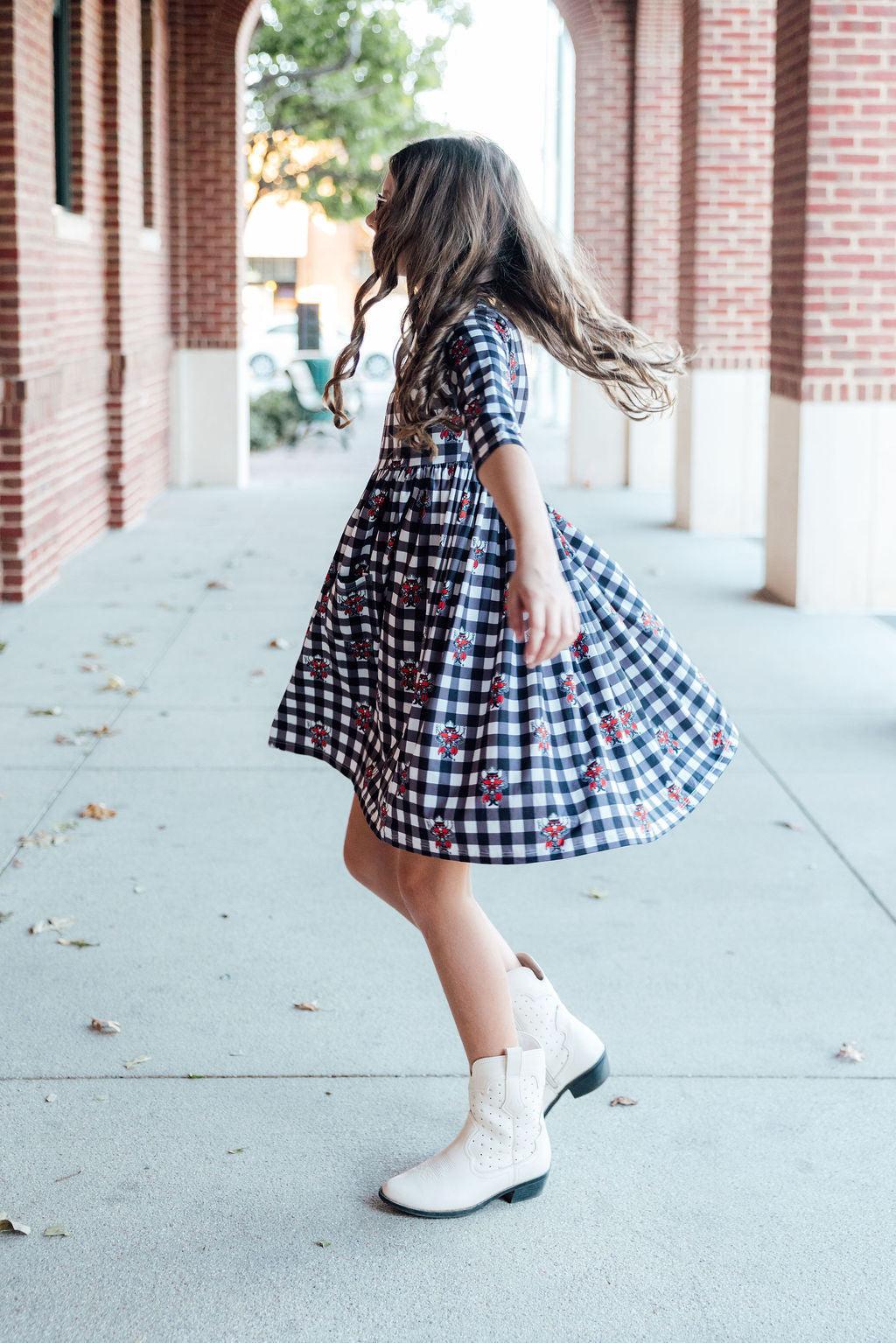 Texas Tech Plaid Raider Red 3/4 Sleeve Pocket Twirl Dress-Mila & Rose ®