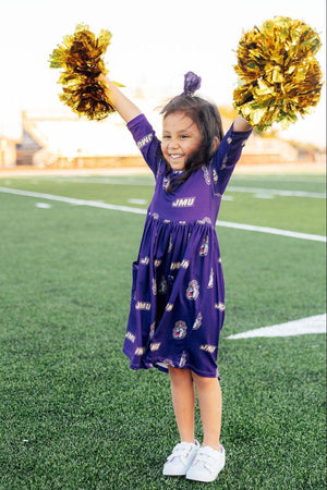 JMU Purple Duke Dog 3/4 Sleeve Pocket Twirl Dress-Mila & Rose ®