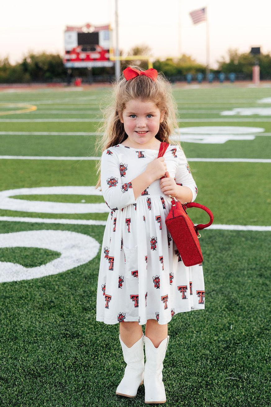 Texas Tech White Raider Red 3/4 Sleeve Pocket Twirl Dress-Mila & Rose ®