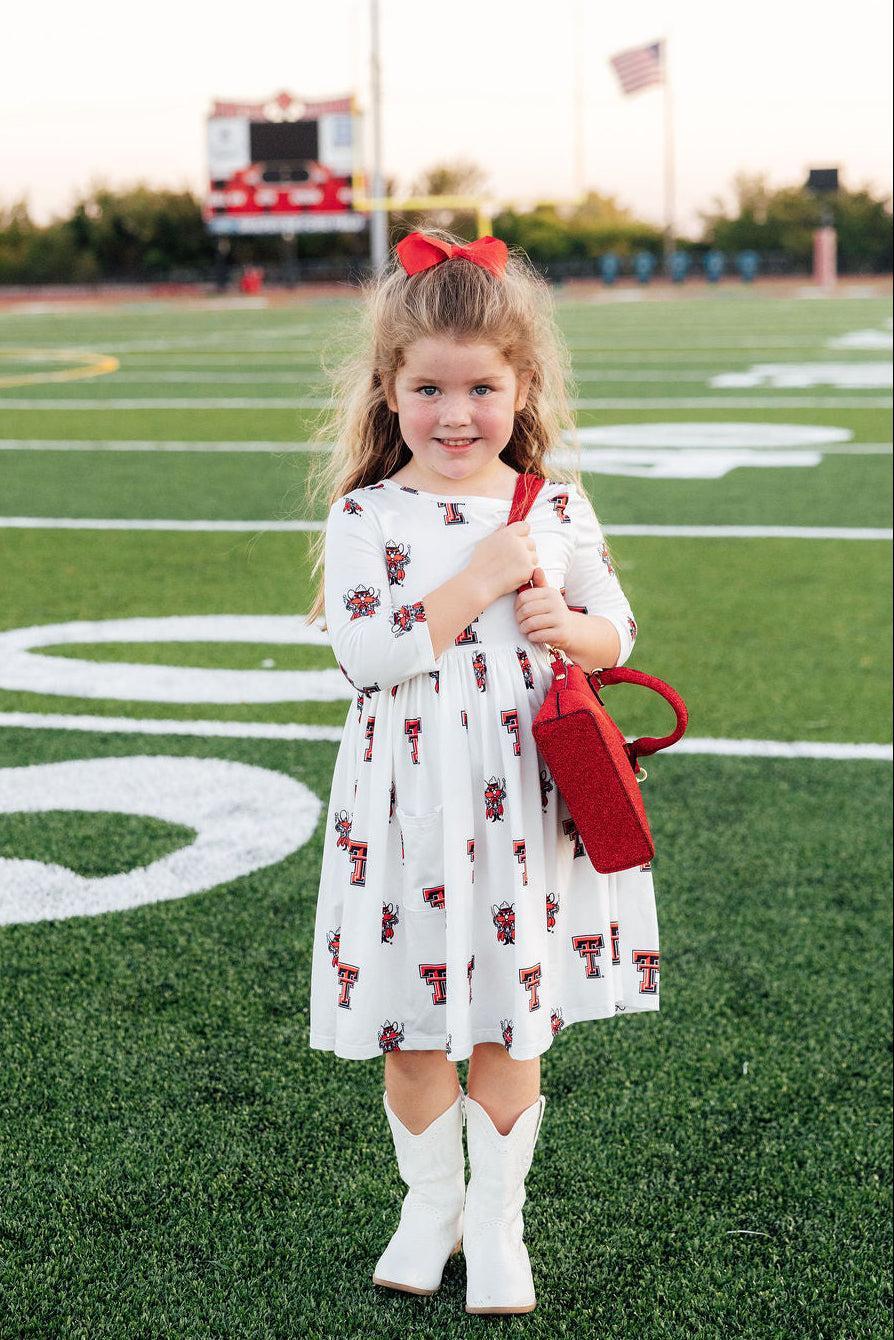 Texas Tech White Raider Red 3/4 Sleeve Pocket Twirl Dress-Mila & Rose ®