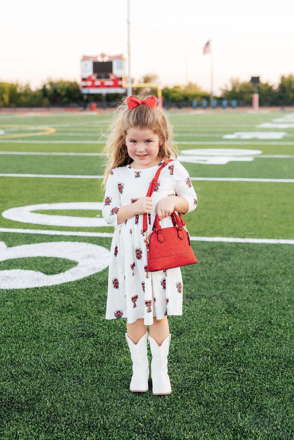 Texas Tech White Raider Red 3/4 Sleeve Pocket Twirl Dress-Mila & Rose ®