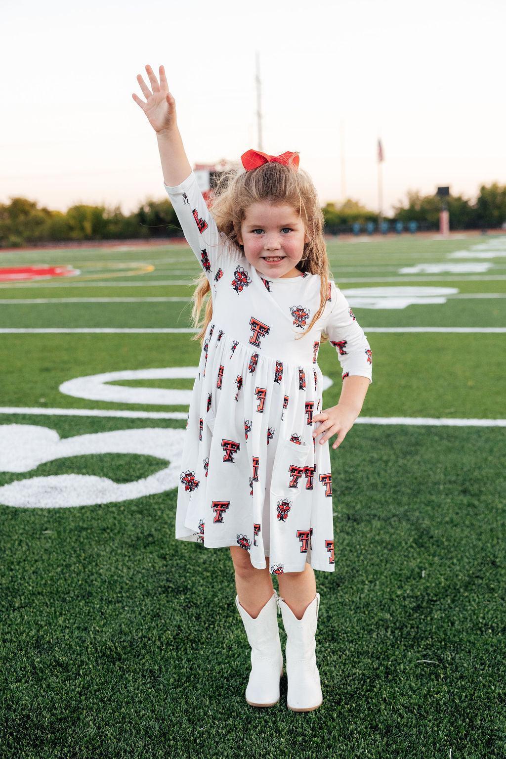 Texas Tech White Raider Red 3/4 Sleeve Pocket Twirl Dress-Mila & Rose ®