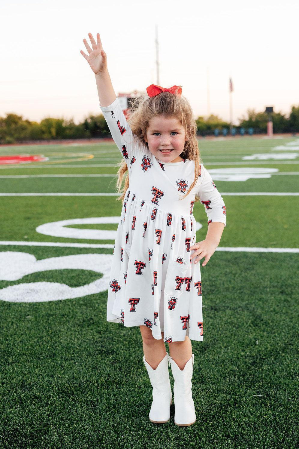 Texas Tech White Raider Red 3/4 Sleeve Pocket Twirl Dress-Mila & Rose ®