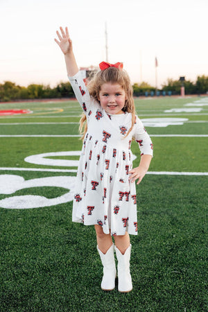 Texas Tech White Raider Red 3/4 Sleeve Pocket Twirl Dress-Mila & Rose ®