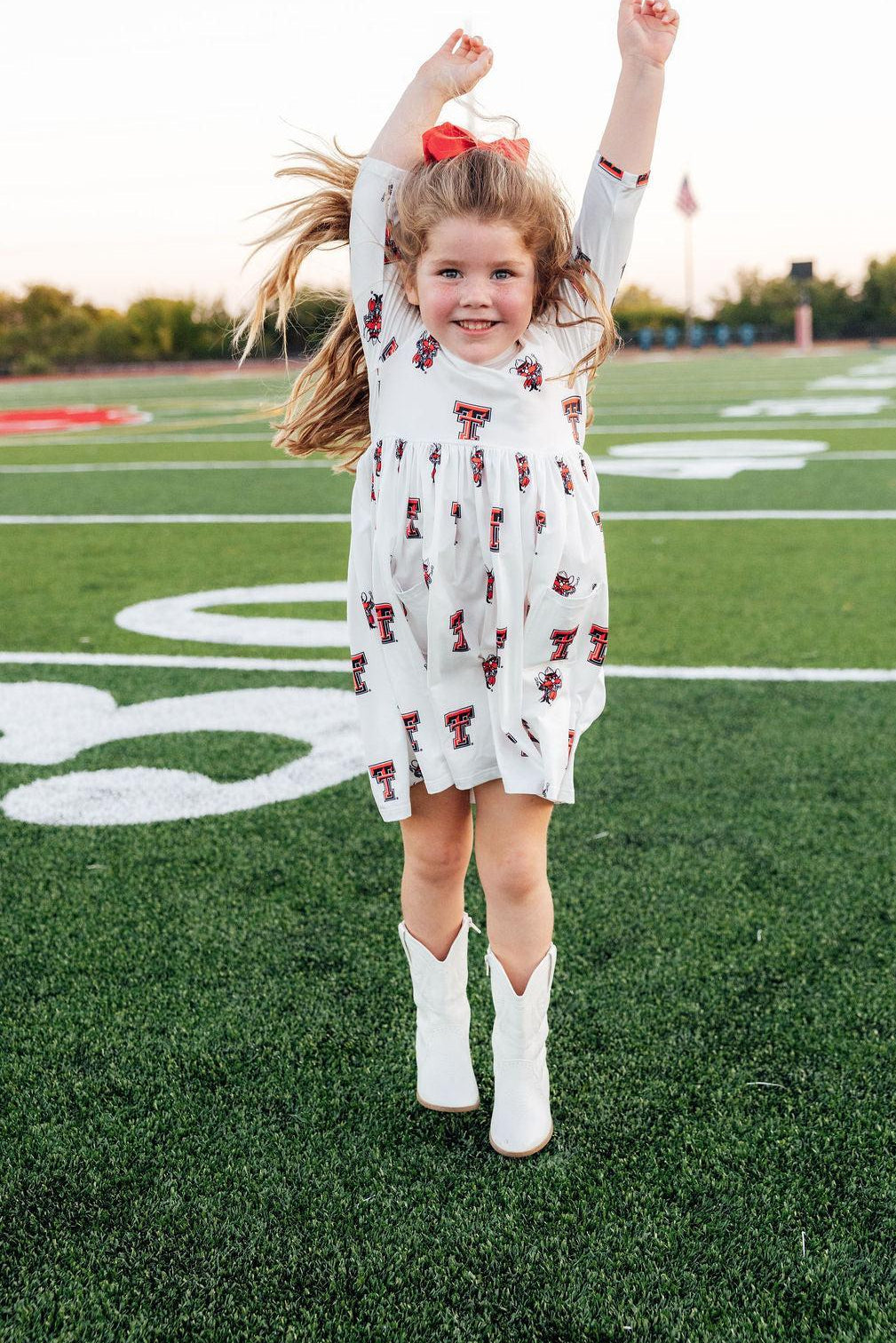 Texas Tech White Raider Red 3/4 Sleeve Pocket Twirl Dress-Mila & Rose ®