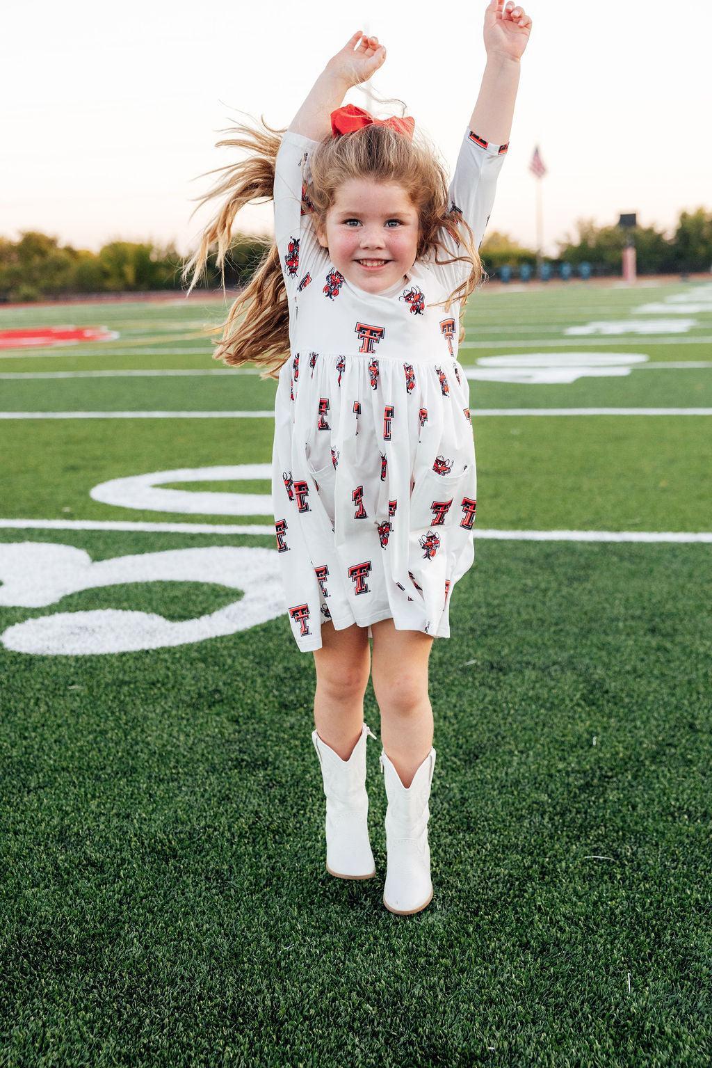 Texas Tech White Raider Red 3/4 Sleeve Pocket Twirl Dress-Mila & Rose ®