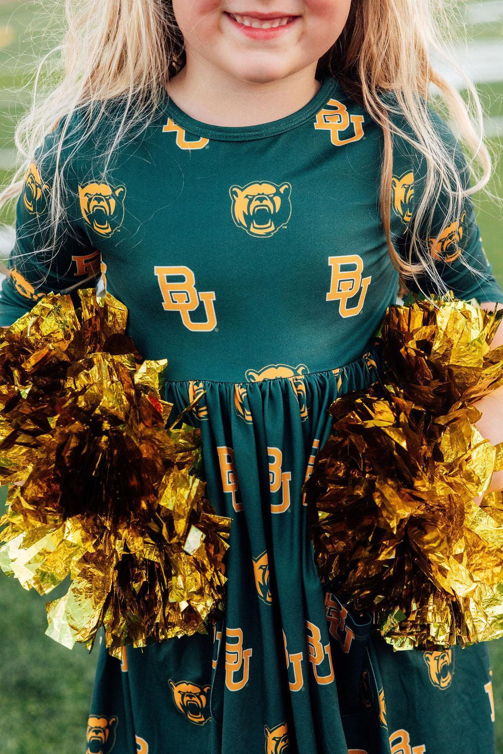 Baylor Green Bear 3/4 Sleeve Pocket Twirl Dress-Mila & Rose ®