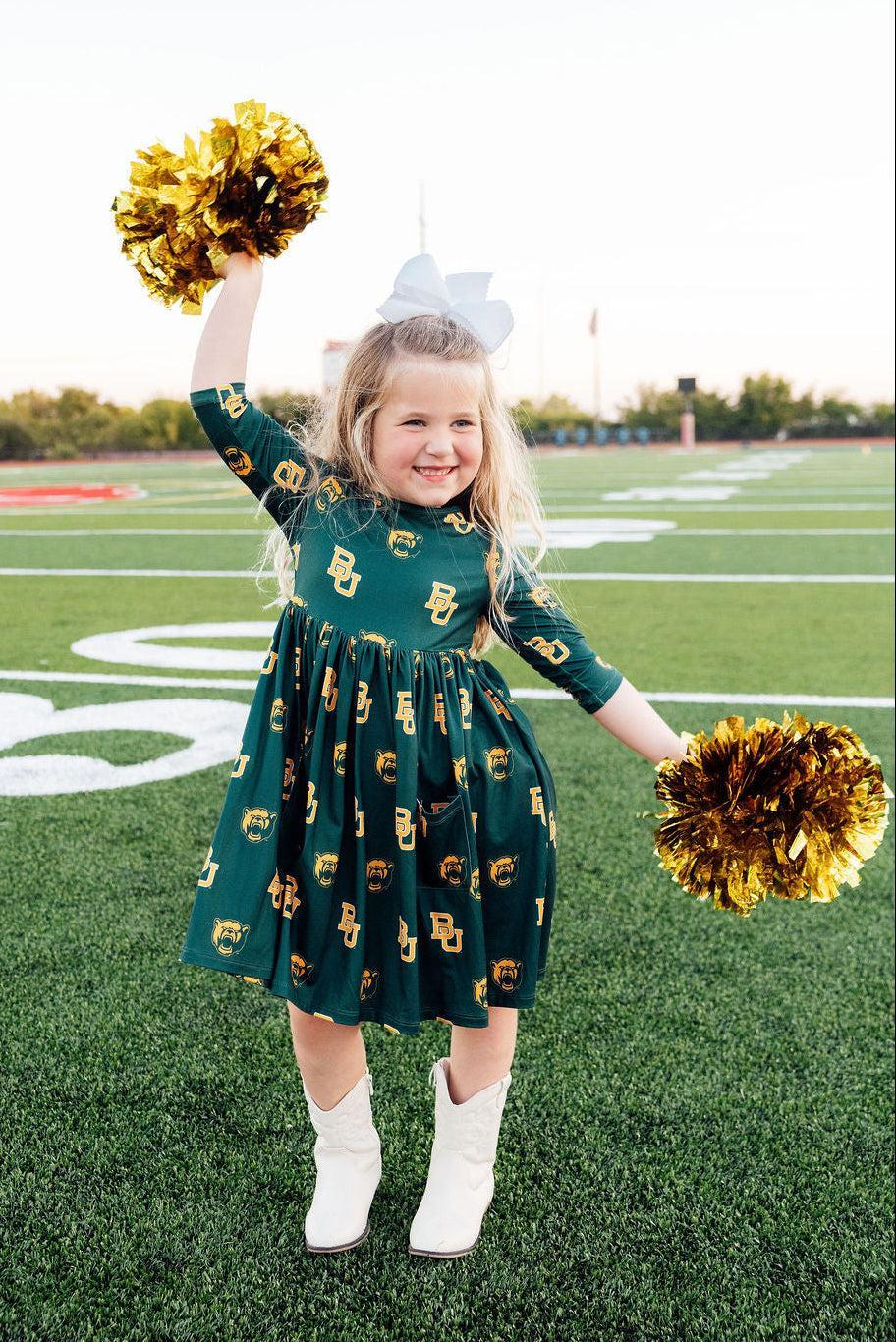 Baylor Green Bear 3/4 Sleeve Pocket Twirl Dress-Mila & Rose ®