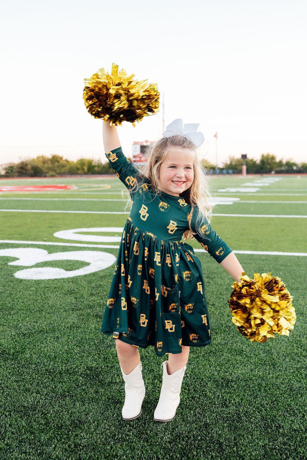 Baylor Green Bear 3/4 Sleeve Pocket Twirl Dress-Mila & Rose ®