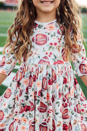Footballs & Flowers 3/4 Sleeve Pocket Twirl Dress-Mila & Rose ®