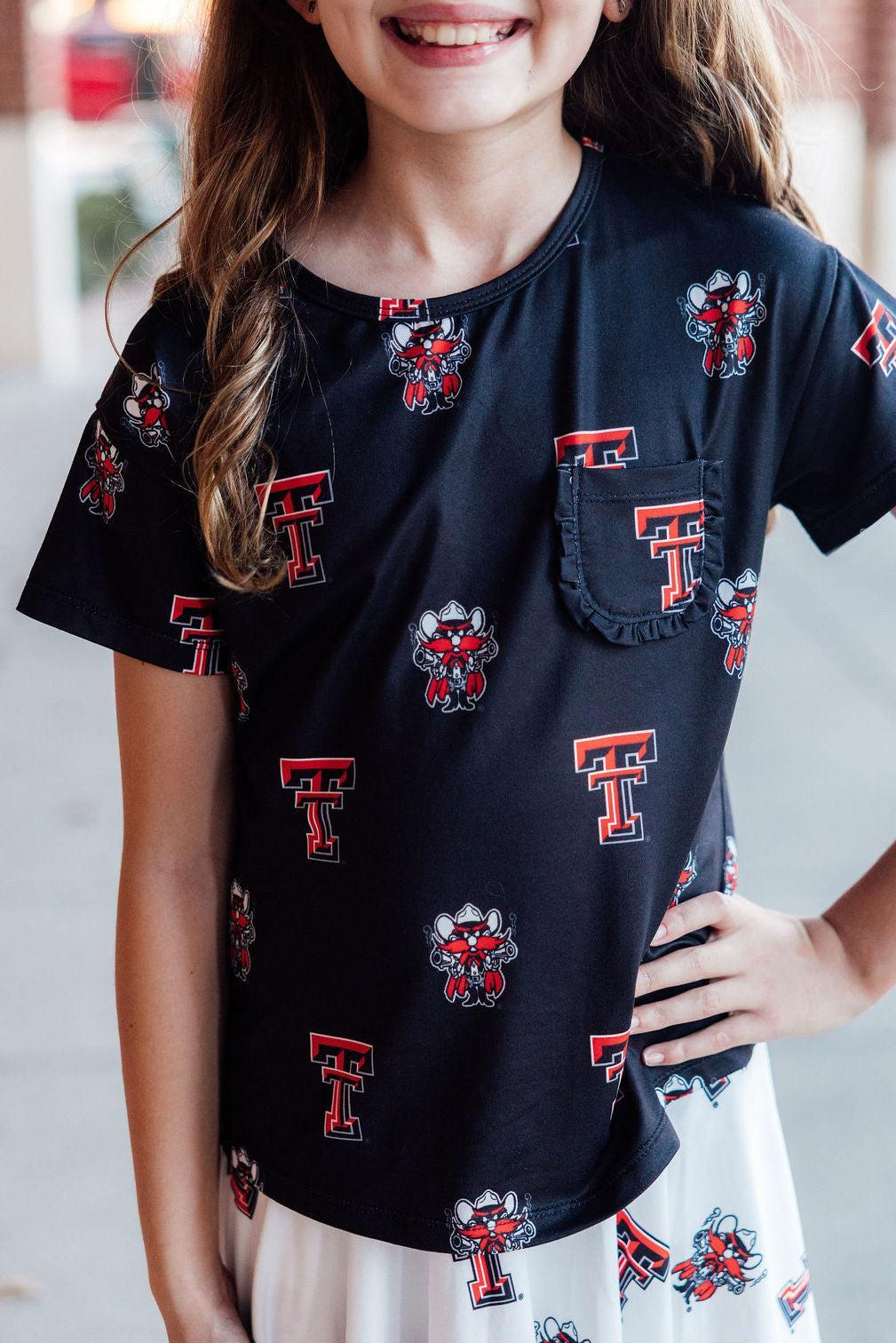 Texas Tech Black Raider Red Ruffle Pocket Tee-Mila & Rose ®