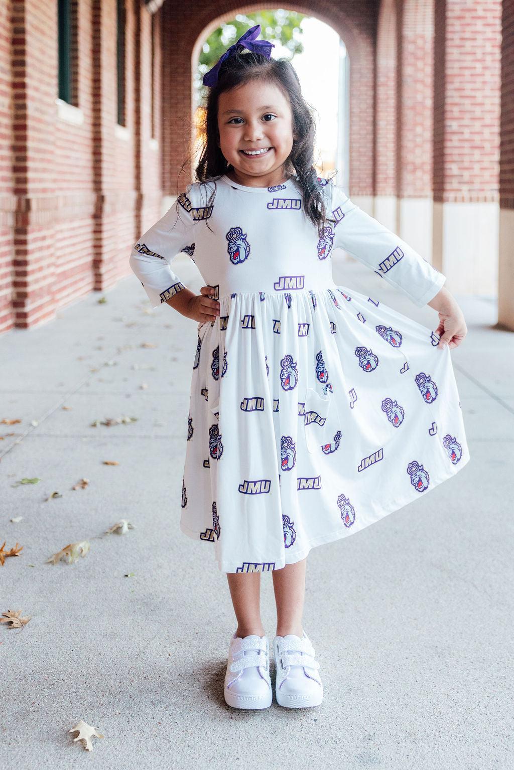 JMU White Duke Dog 3/4 Sleeve Pocket Twirl Dress-Mila & Rose ®