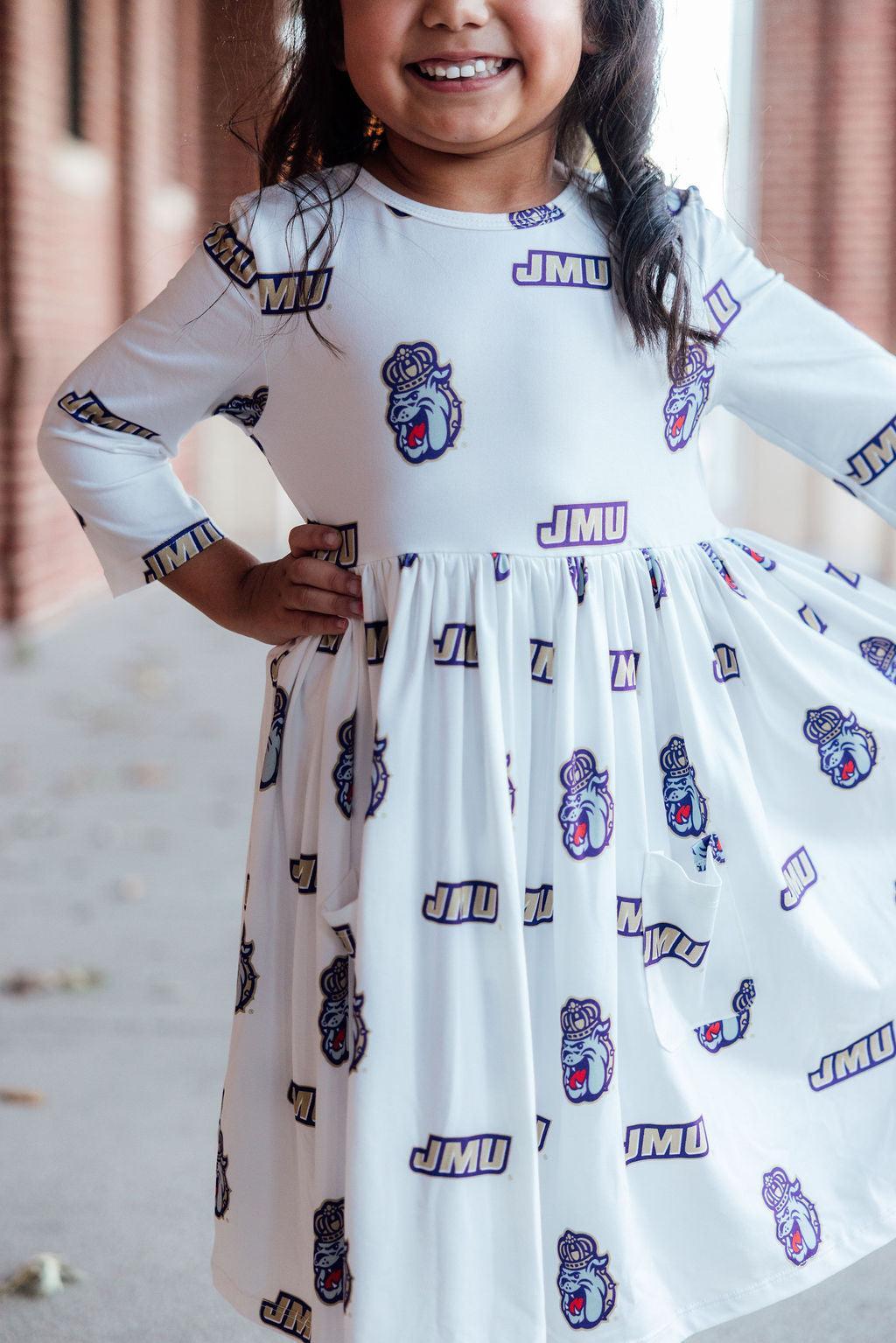 JMU White Duke Dog 3/4 Sleeve Pocket Twirl Dress-Mila & Rose ®