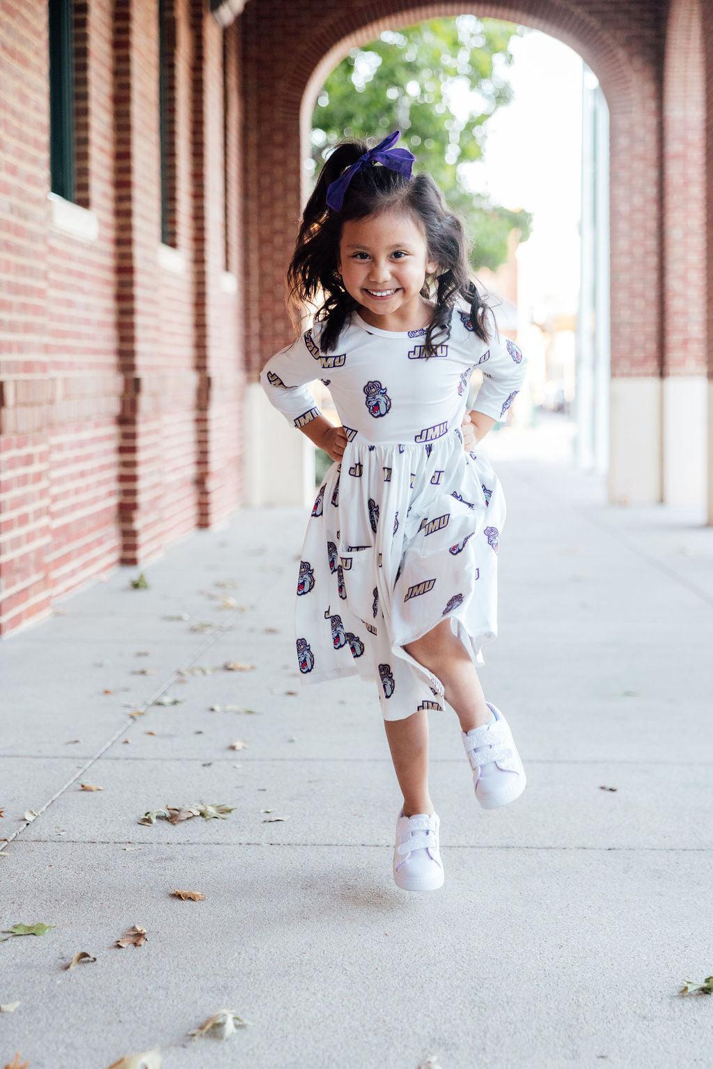 JMU White Duke Dog 3/4 Sleeve Pocket Twirl Dress-Mila & Rose ®