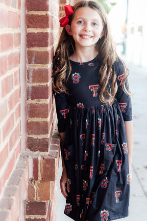 Texas Tech Black Raider Red 3/4 Sleeve Pocket Twirl Dress-Mila & Rose ®