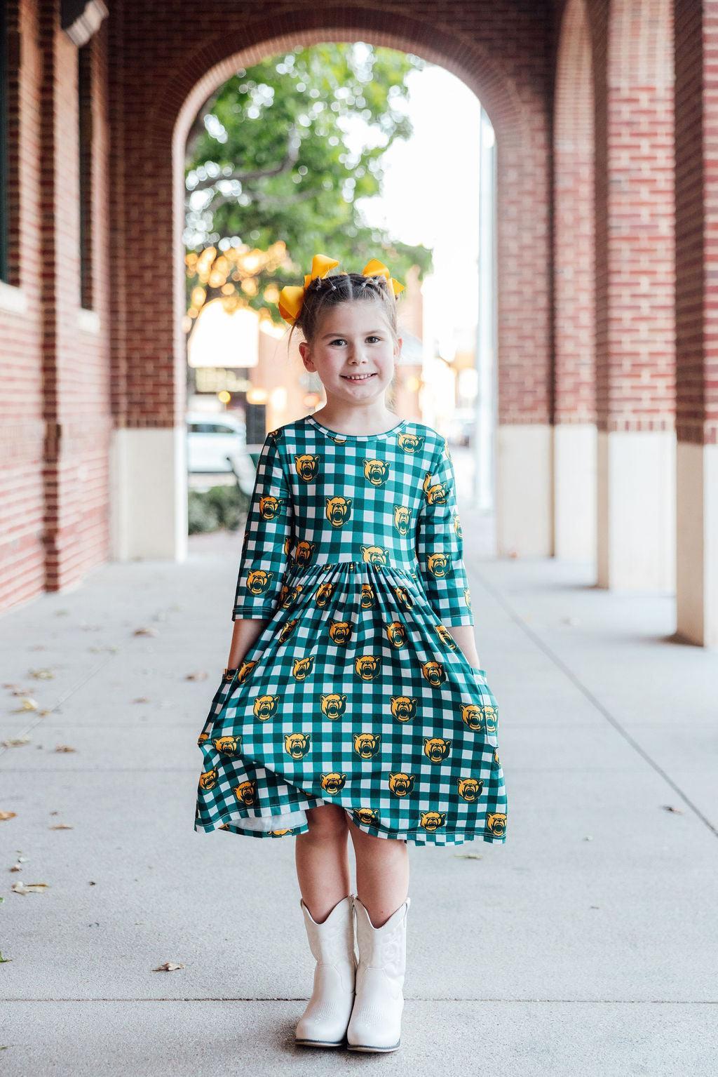 Baylor Plaid Bear 3/4 Sleeve Pocket Twirl Dress-Mila & Rose ®