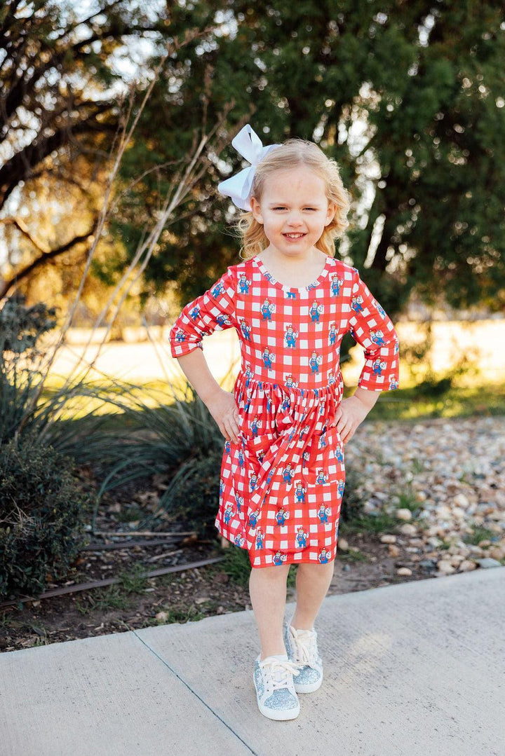 (V) Nebraska Plaid Herbie Husker 3/4 Sleeve Pocket Twirl Dress-Mila & Rose ®