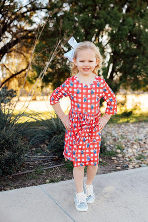 Nebraska Plaid Herbie Husker 3/4 Sleeve Pocket Twirl Dress-Mila & Rose ®