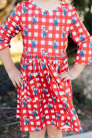 Nebraska Plaid Herbie Husker 3/4 Sleeve Pocket Twirl Dress-Mila & Rose ®