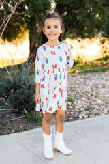 Nebraska White Herbie Husker 3/4 Sleeve Pocket Twirl Dress-Mila & Rose ®
