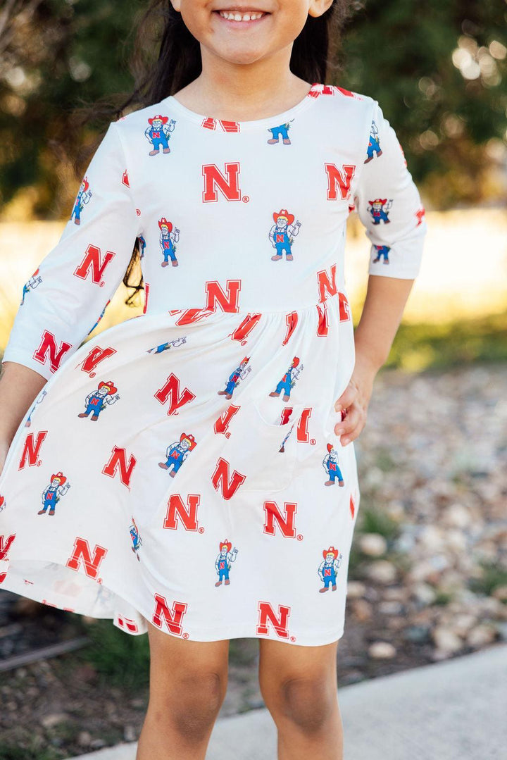 Nebraska White Herbie Husker 3/4 Sleeve Pocket Twirl Dress-Mila & Rose ®
