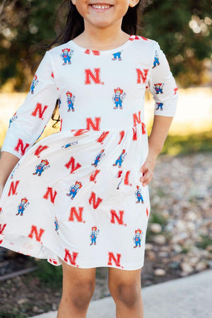 Nebraska White Herbie Husker 3/4 Sleeve Pocket Twirl Dress-Mila & Rose ®