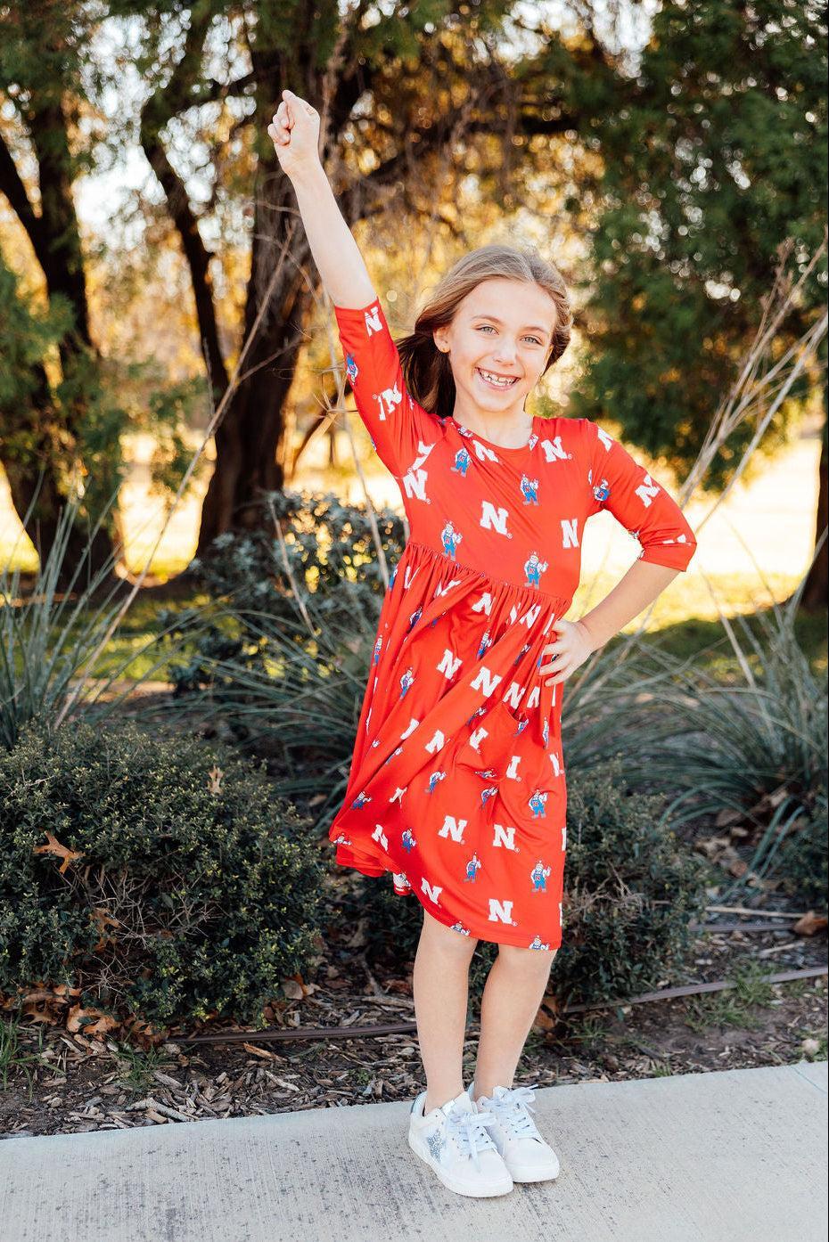 (S) Nebraska Red Herbie Husker 3/4 Sleeve Pocket Twirl Dress-Mila & Rose ®