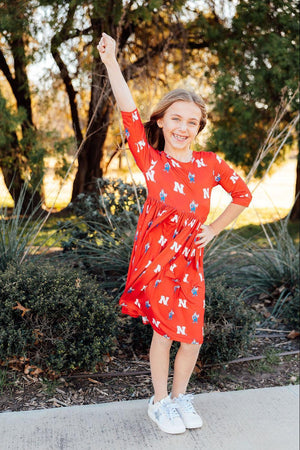 (S) Nebraska Red Herbie Husker 3/4 Sleeve Pocket Twirl Dress-Mila & Rose ®