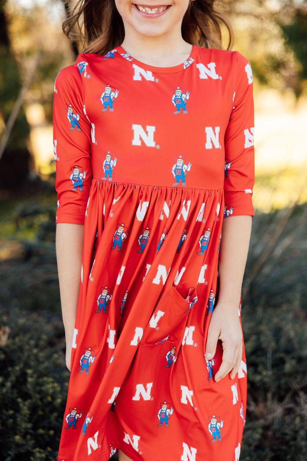 (S) Nebraska Red Herbie Husker 3/4 Sleeve Pocket Twirl Dress-Mila & Rose ®