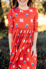 (S) Nebraska Red Herbie Husker 3/4 Sleeve Pocket Twirl Dress-Mila & Rose ®