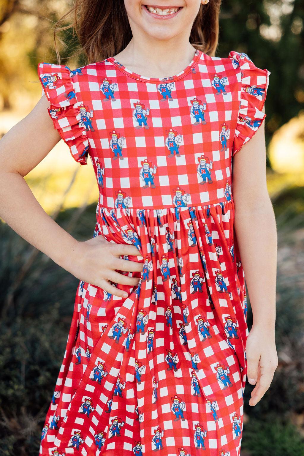(S) Nebraska Plaid Herbie Husker Flutter Twirl Dress-Mila & Rose ®
