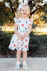 (S) Nebraska White Herbie Husker Flutter Twirl Dress-Mila & Rose ®