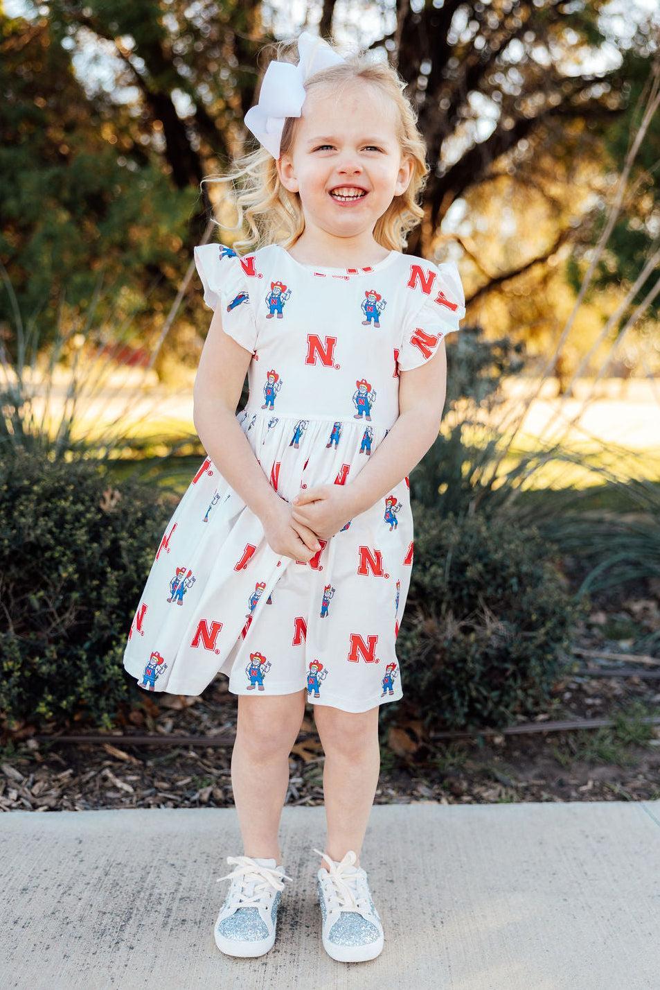 (S) Nebraska White Herbie Husker Flutter Twirl Dress-Mila & Rose ®