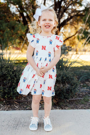 (S) Nebraska White Herbie Husker Flutter Twirl Dress-Mila & Rose ®
