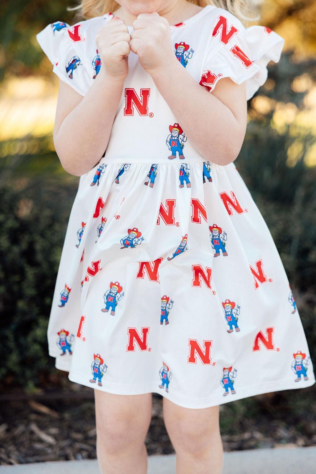 (S) Nebraska White Herbie Husker Flutter Twirl Dress-Mila & Rose ®