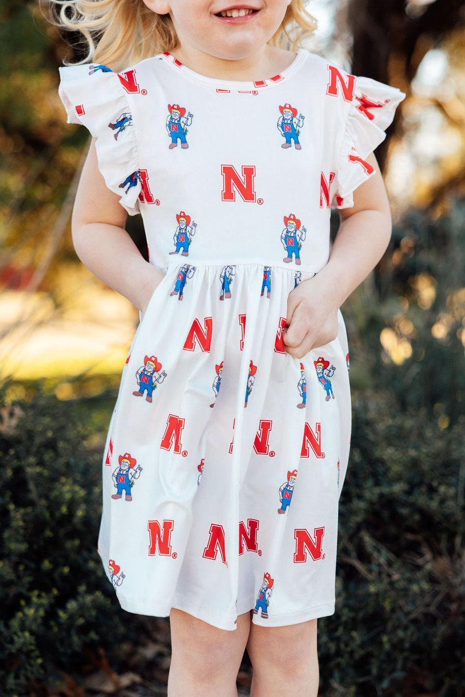 (S) Nebraska White Herbie Husker Flutter Twirl Dress-Mila & Rose ®