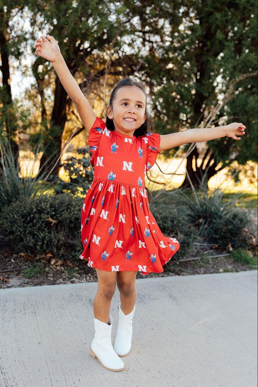 (S) Nebraska Red Herbie Husker Flutter Twirl Dress-Mila & Rose ®