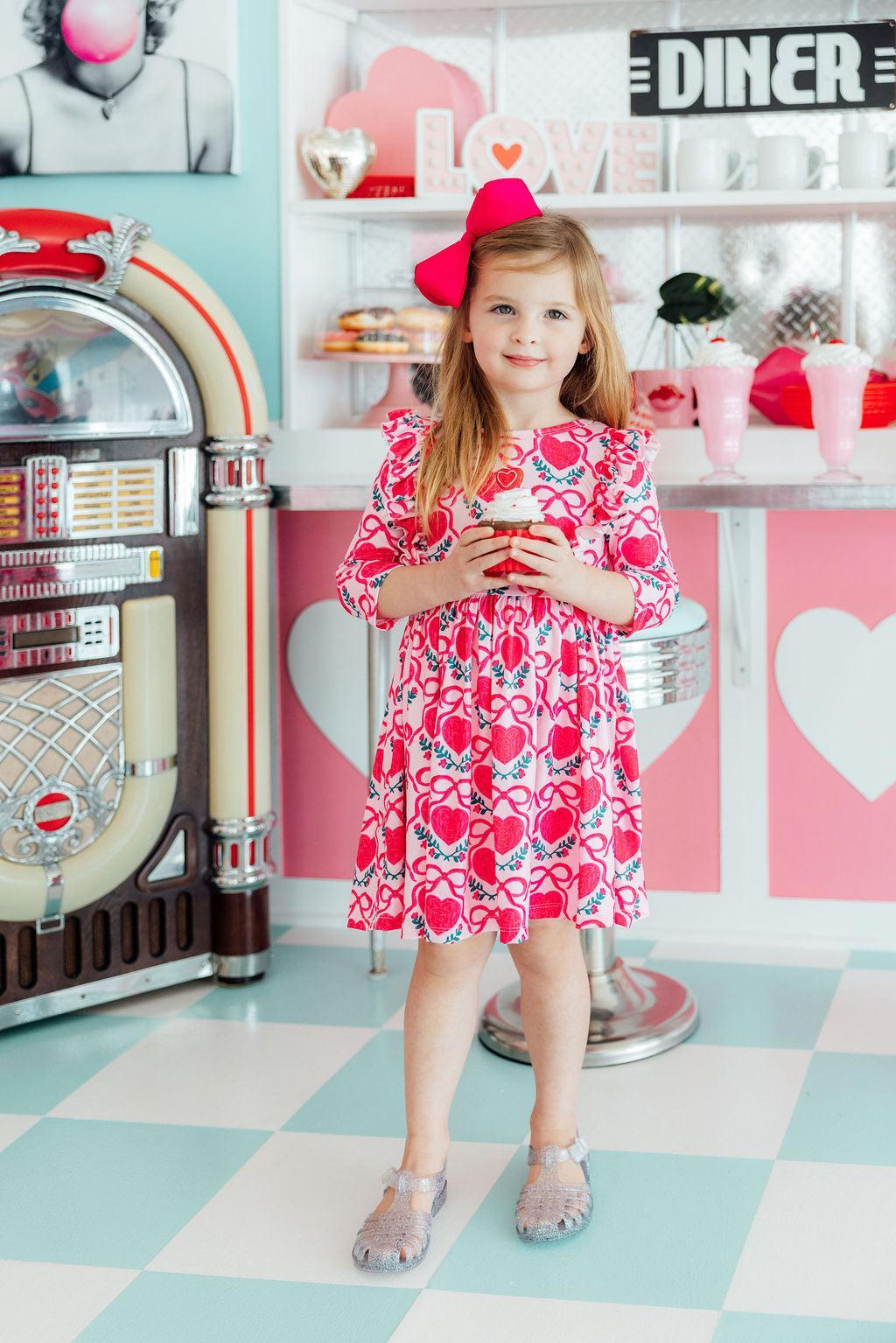 Fluttering Hearts 3/4 Sleeve Ruffle Twirl Dress-Mila & Rose ®