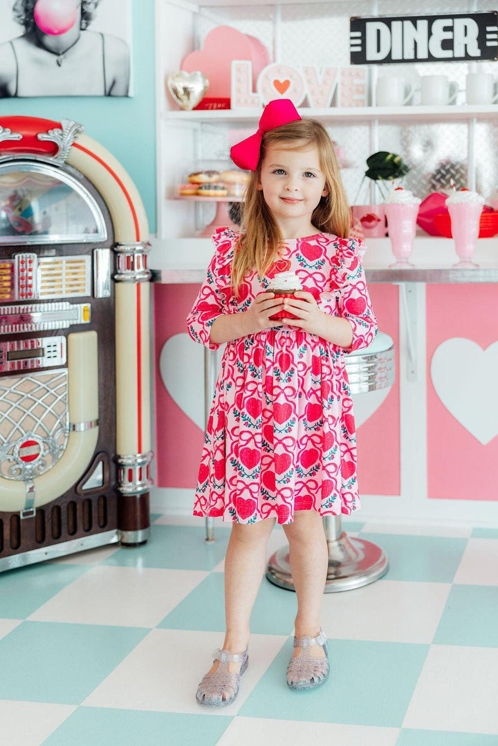 Fluttering Hearts 3/4 Sleeve Ruffle Twirl Dress-Mila & Rose ®