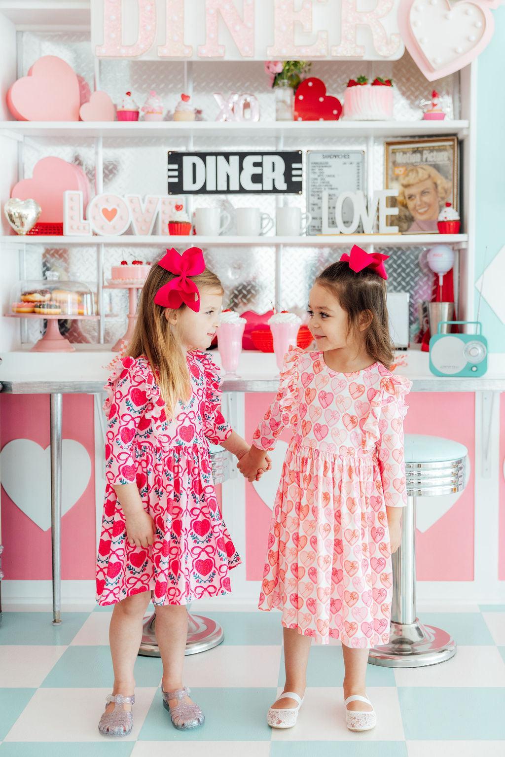 Fluttering Hearts 3/4 Sleeve Ruffle Twirl Dress-Mila & Rose ®