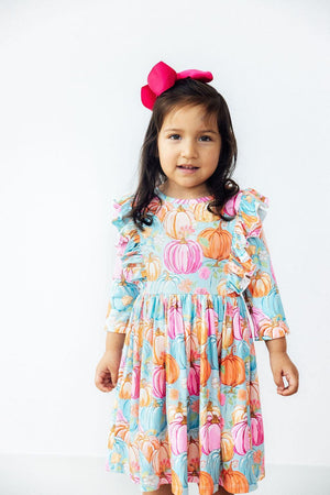 Preppy Pumpkins 3/4 Sleeve Ruffle Twirl Dress-Mila & Rose ®