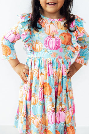 Preppy Pumpkins 3/4 Sleeve Ruffle Twirl Dress-Mila & Rose ®