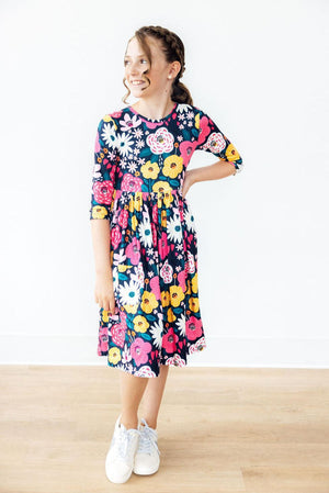 Midnight Floral 3/4 Sleeve Pocket Twirl Dress-Mila & Rose ®